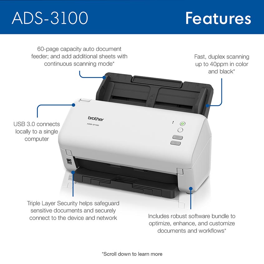 Brother ADS3100 Wireless High-Speed Professional Desktop Scanner for Home Office, , small