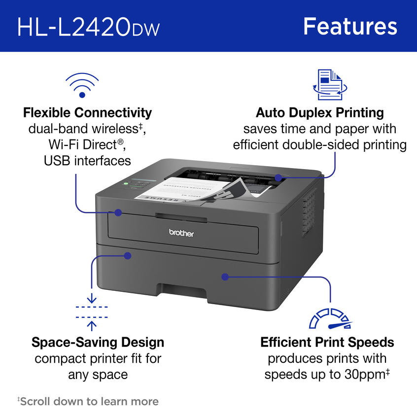 Brother RHLL2420DW Wireless Compact Monochrome Laser Printer with Duplex Printing, Refurbished, , small
