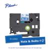 Brother P-touch TZe laminated tape cartridge with blue label samples showing Friday and Nuts & Bolts