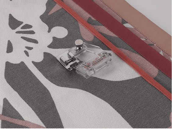Brother clear bias binder foot attachment sewing decorative ribbon on patterned fabric