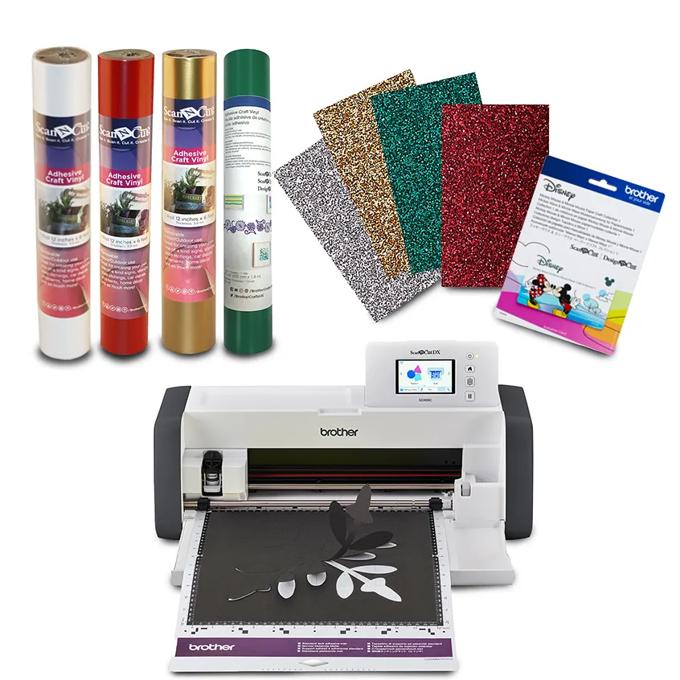 Brother ScanNCut cutting machine bundle with adhesive vinyl rolls and glitter sheets
