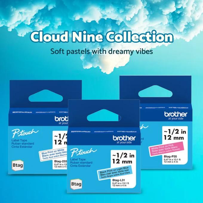 Brother Genuine BTAG 3-pack Non-Laminated Tape for P-touch Label Makers, Cloud Nine Collection White on Pink, Blue on White, Black on Light Blue – 12 mm wide x 4 m long, , large
