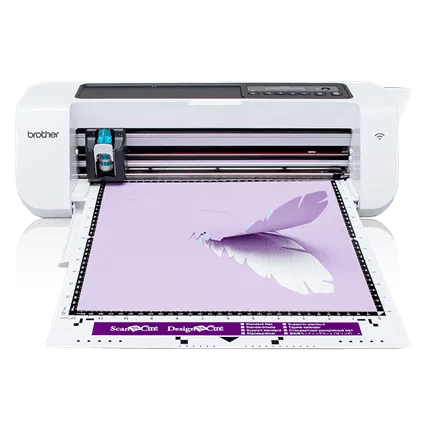 Brother cutting machine printing purple feather design on white mat