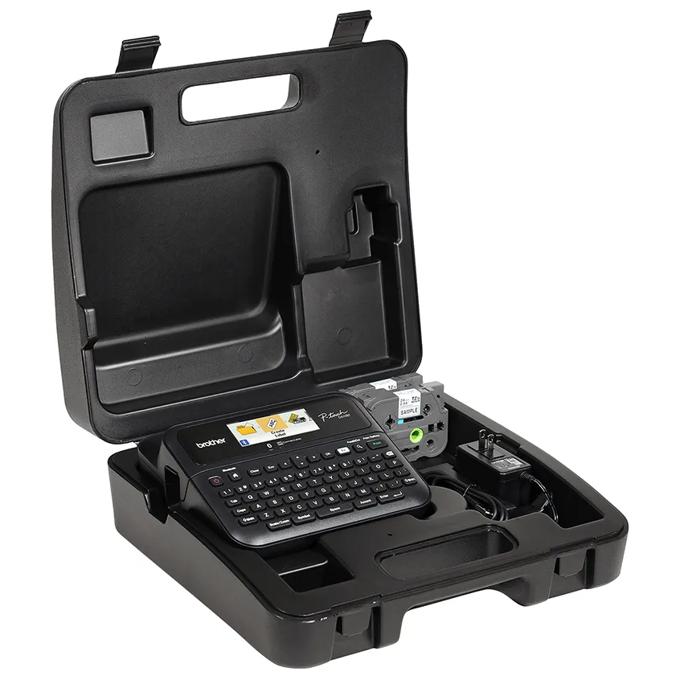 Brother PT-D610BT label maker with Bluetooth and accessories in open carrying case