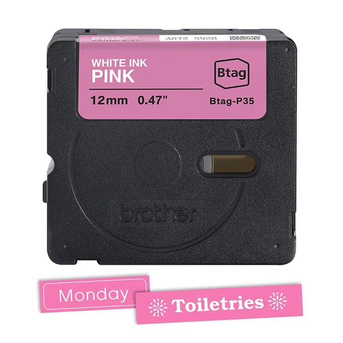 Brother Btag labeling tape cassette in pink with white ink, 12mm width