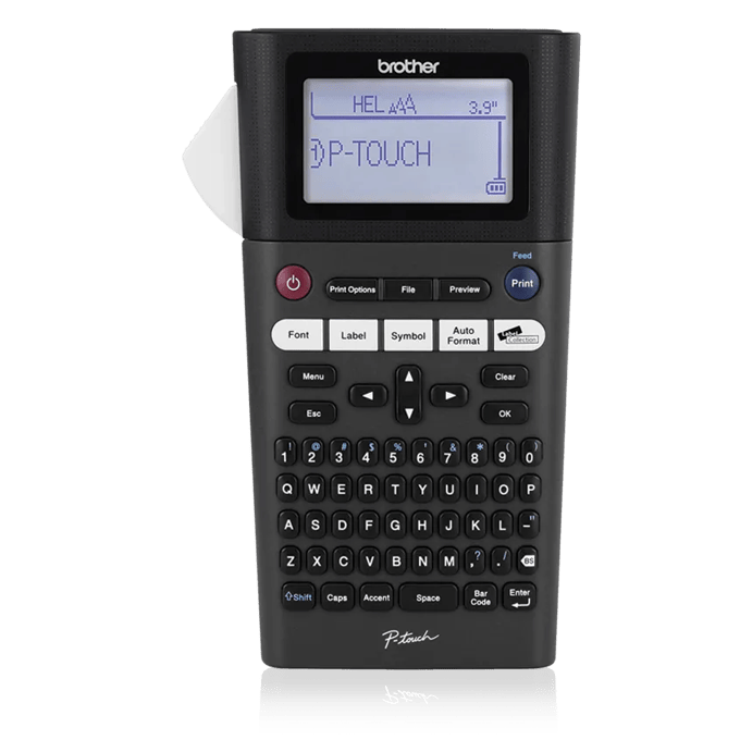 Brother P-touch handheld label maker with backlit display and QWERTY keyboard