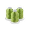 Three grass green embroidery thread spools on white bases