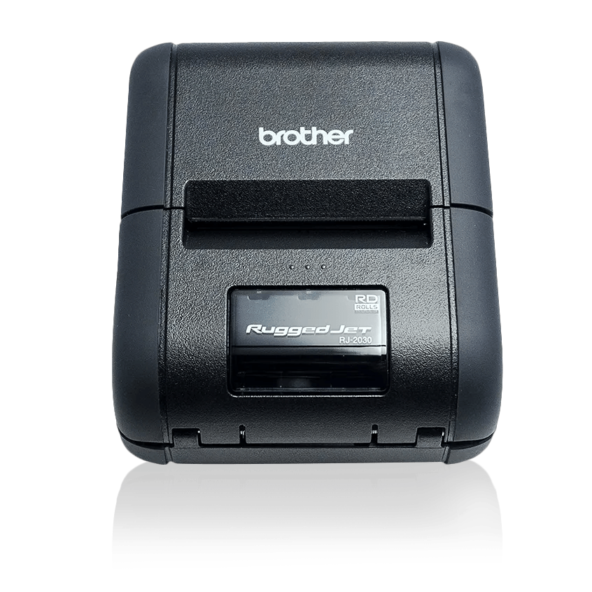 Brother RuggedJet RJ-2030 portable thermal printer with open paper compartment