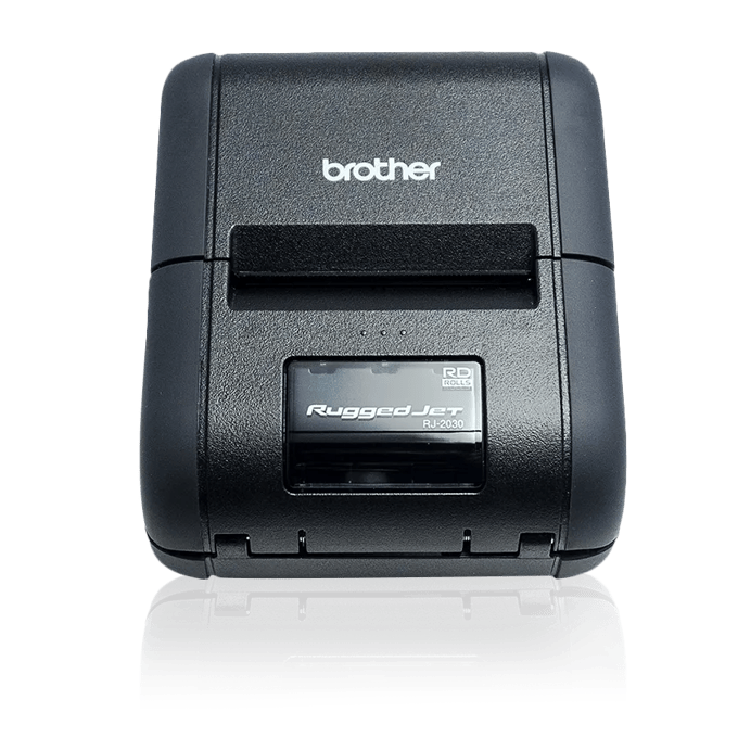 Brother RuggedJet RJ-2030 portable thermal printer with open paper compartment