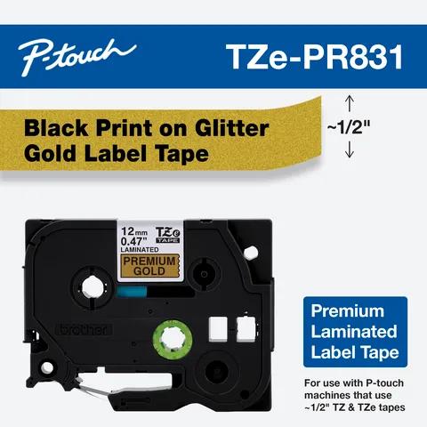 Cinta de etiquetas laminada premium Brother TZe-PR831 con texto negro sobre dorado brillante