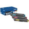Brother TN221 3-pack color toner cartridges with cyan, magenta, and yellow in packaging