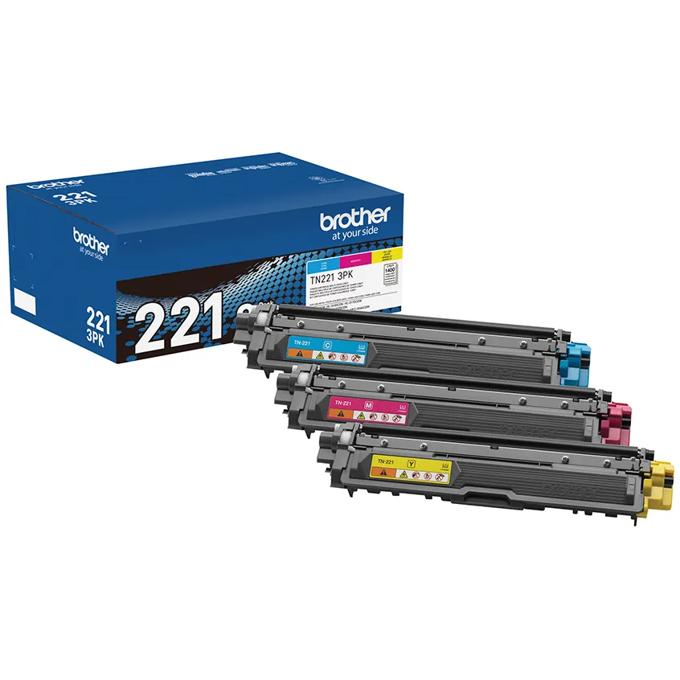 Brother TN221 3-pack color toner cartridges with cyan, magenta, and yellow in packaging