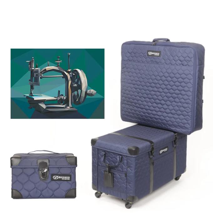 Brother quilted navy blue rolling sewing machine case with storage compartments