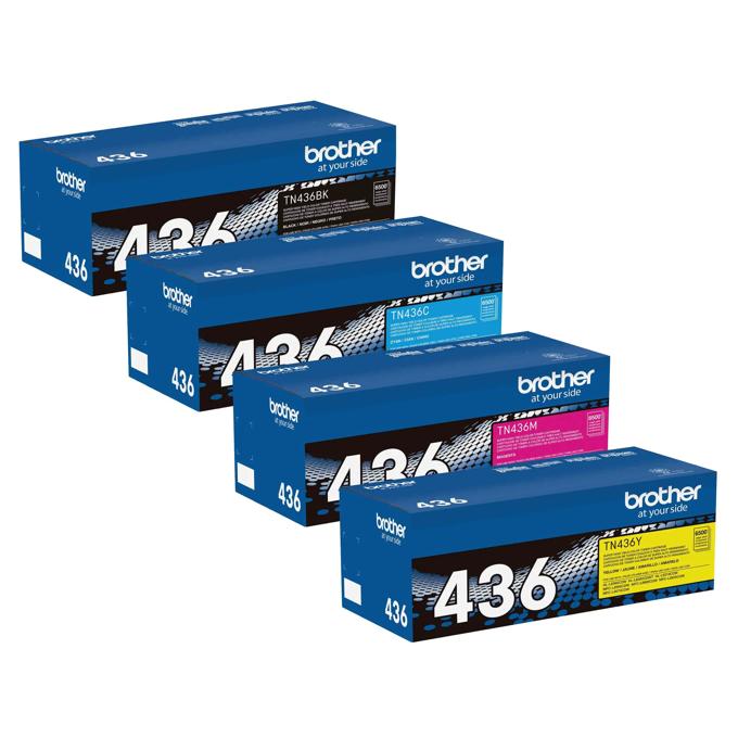 Brother TN436 high-yield toner cartridge 4-pack in black, cyan, magenta, and yellow