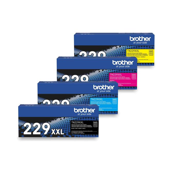 Brother TN229XXL high-yield toner cartridge 4-pack in black, cyan, magenta, and yellow