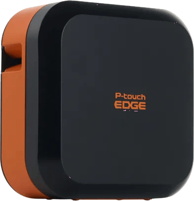 Brother P-touch EDGE label maker with black front panel and orange side casing