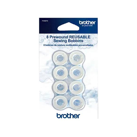 Brother 8-pack prewound reusable sewing bobbins in clear plastic packaging