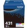 Brother TN431 3-pack toner cartridge box in cyan, magenta, and yellow