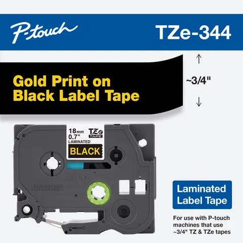 Cartucho de cinta laminada Brother TZe-344 con impresión dorada sobre negro, ancho 18mm