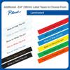 Brother laminated label tape samples in multiple colors with product codes displayed