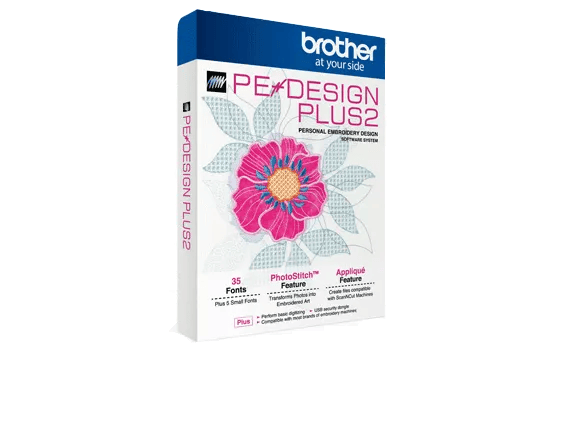 Brother PE-Design Plus 2 embroidery software box with floral design preview