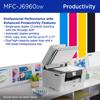 Brother MFC-J6960DW all-in-one printer with open scanner on white desk in office setting