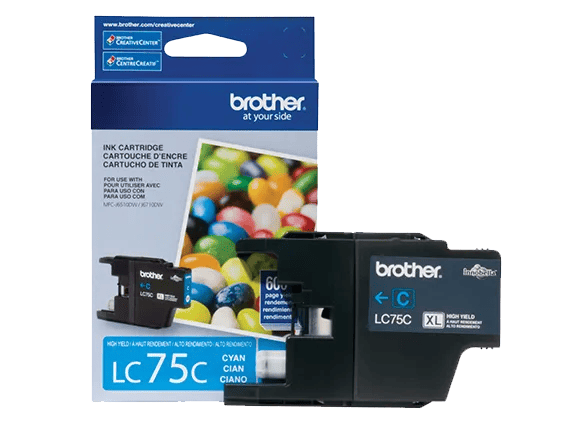 Brother LC75C cyan ink cartridge with packaging and color sample