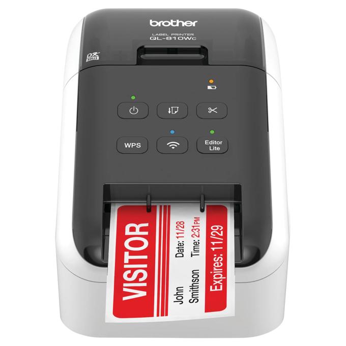 Brother QL-810W wireless label printer with red and black visitor badge