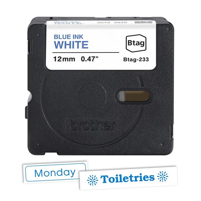 Brother Btag-233 labeling tape cassette, 12mm white with blue ink, shown with sample labels