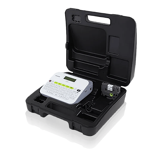 Brother portable label maker with carrying case and tape cartridge