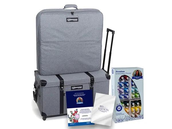 Brother Aveneer EV1 embroidery machine bundle with rolling case and thread set