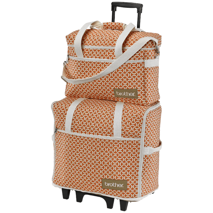 Brother rolling tote bag set in orange geometric pattern with telescoping handle