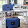 Blue rolling sewing machine case and storage bag set in craft room with Brother sewing machine