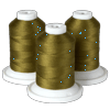 Three spools of olive green embroidery thread on white bases