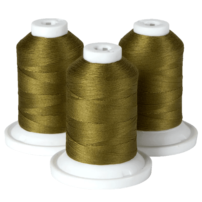 Three spools of olive green embroidery thread on white bases