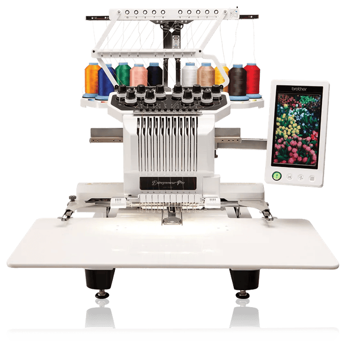 Brother PR1000 embroidery machine with 10-needle system and colorful thread spools