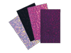 Four decorative glitter sheets in iridescent white, black, pink, and magenta colors