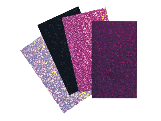 Four decorative glitter sheets in iridescent white, black, pink, and magenta colors