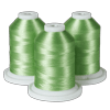 Three green Brother embroidery thread spools on white bases