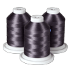 Three spools of dark gray embroidery thread on white bases for Brother sewing machines