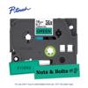 Brother P-touch TZe-741 laminated label tape cartridge with green labels reading Friday and Nuts & Bolts