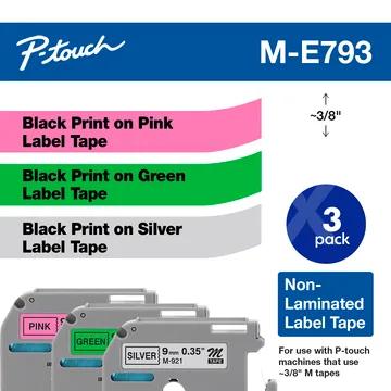 Brother P-touch M-E793 label tape 3-pack in pink, green, and silver with non-laminated design
