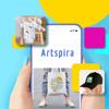 Brother Artspira app displaying customizable designs for baby onesie, tote bag, and baseball cap