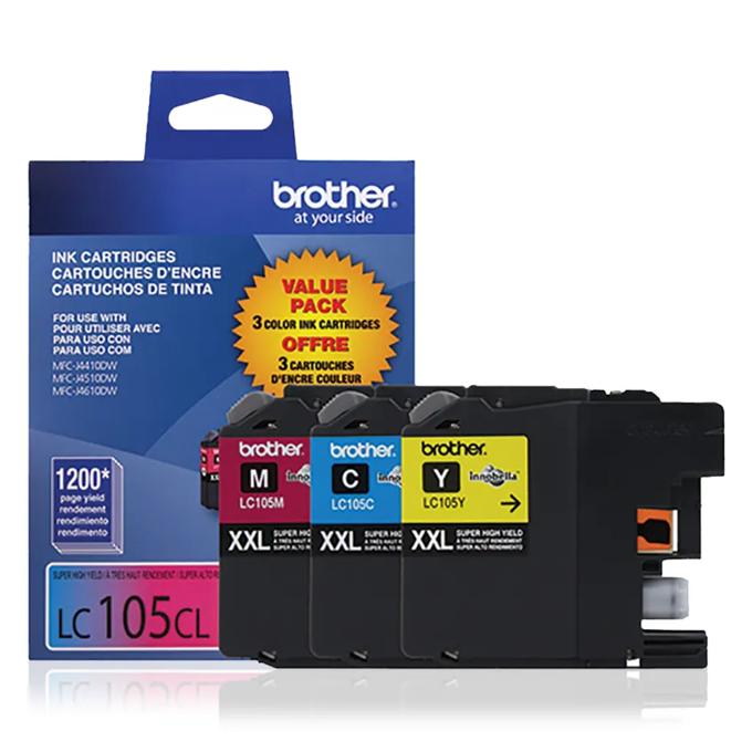 Brother LC105 XXL super high-yield color ink cartridge 3-pack with retail packaging