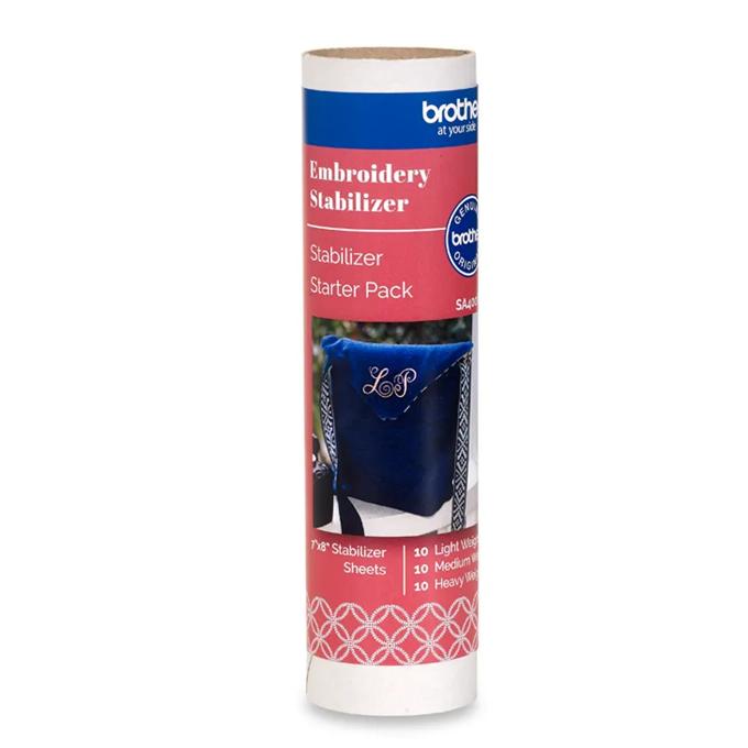 Brother embroidery stabilizer starter pack with 30 sheets in light, medium, and heavy weights