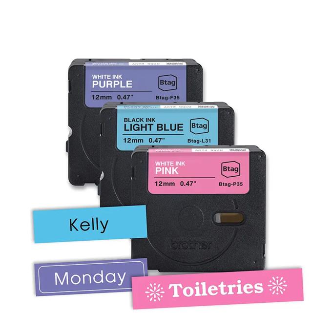 Brother Btag label maker cartridges in purple, light blue, and pink with printed sample labels