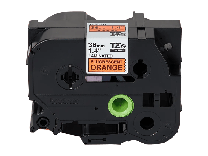 Brother TZe-B61 36mm laminated label tape cartridge with fluorescent orange background