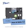Brother P-touch TZe laminated label tape cartridge with blue labels reading Friday and Nuts & Bolts