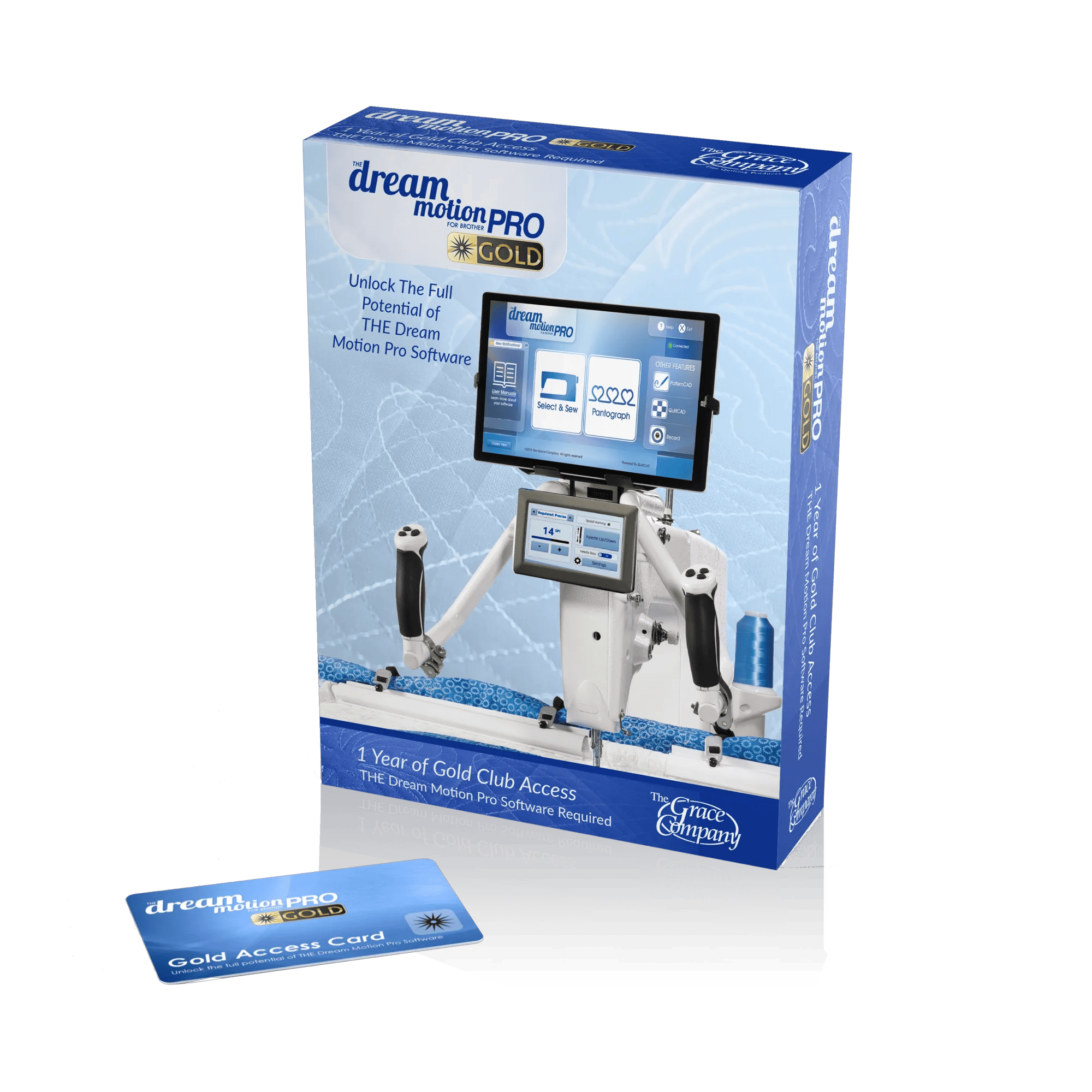 Brother Dream Motion Pro Gold quilting machine with dual touchscreens and software package