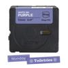 Brother Btag labeling tape cassette in purple with white ink, 12mm width, and sample labels